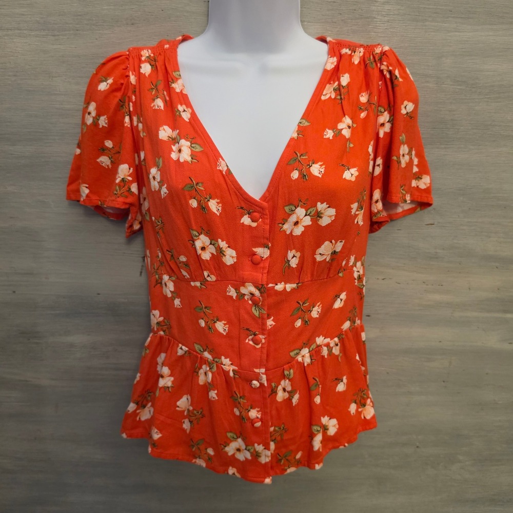 Old Navy Orange White Floral Print Vneck Peplum Blouse Size XS New with Tags